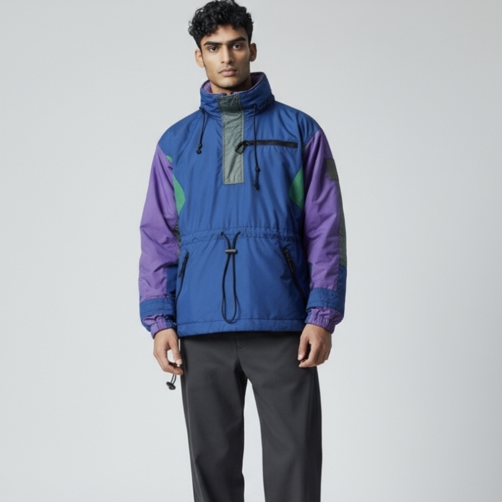 Vtg. 90s Blue and Purple windbreaker Color-Blocking Design and High Collar sz M